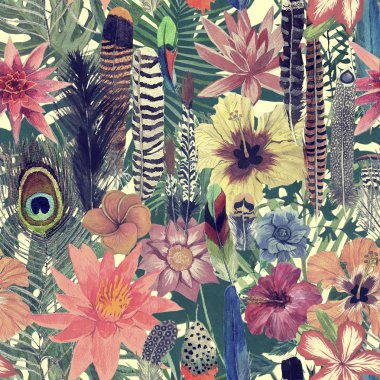 Seamles el çekilmiş suluboya desenle yaprakları, tüyler, çiçekler.