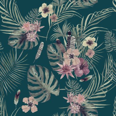 Seamles el çekilmiş suluboya desenle yaprakları, tüyler, çiçekler.