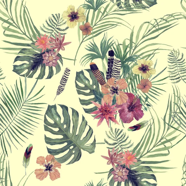 Costuras patrón de acuarela dibujado a mano con hojas, plumas, flores . —  Fotos de Stock