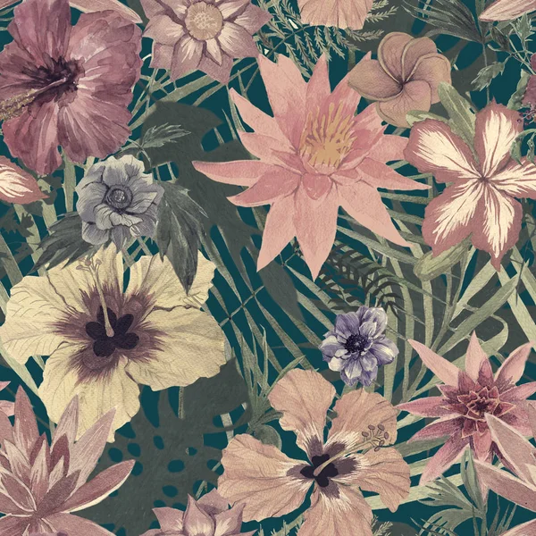 Seamles handgezeichnetes Aquarellmuster mit Blättern, Federn, Blumen. — Stockfoto