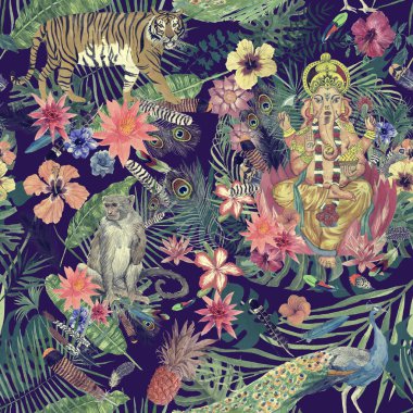 Ganesha, kaplan, maymun, tavus kuşu, tüy, çiçekler ile çizilmiş suluboya desen Sesmless el.