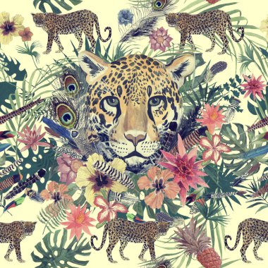 Suluboya deseni leopar, çiçekler, tüyler, çiçekler ile sorunsuz el çekilmiş.