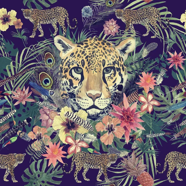 Bezproblémové ručně tažené akvarel vzor leopard, peří, květiny, květiny. — Stock fotografie
