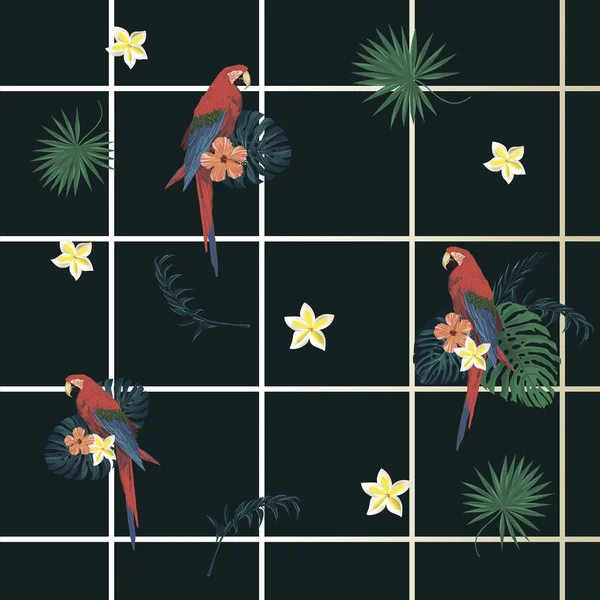 Bezproblémová vecor exotické geometrický vzor s buňkami, papoušci, květiny, peří. — Stockový vektor