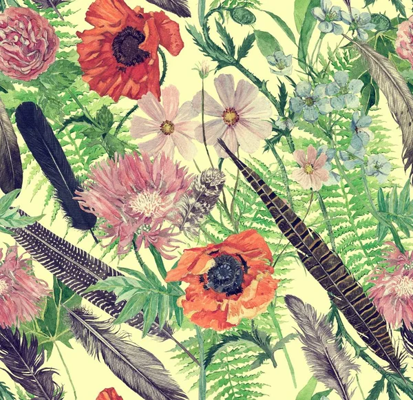 Бесшовный Хань нарисовал акварельный узор с перьями, листьями, цветами . — стоковое фото