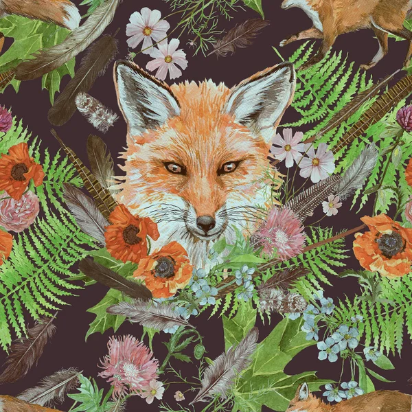 Padrão de aquarela desenhado à mão sem costura com cabeça de raposa, penas, flores . — Fotografia de Stock