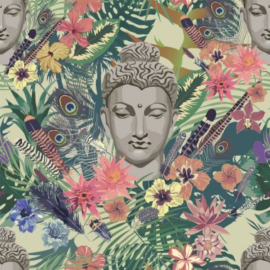 Buda başlıklı kusursuz vintahe tarzı vektör deseni.