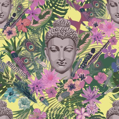 Buda başlıklı kusursuz vintahe tarzı vektör deseni.