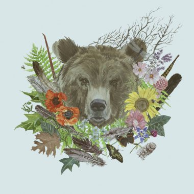 Ayı başı, tüyler, çiçekler, yaprakları ile el çizilmiş waterclor vintage tarzı illüstrasyon.