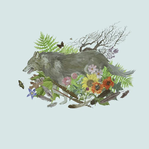 Rysunek ręcznie rysowane akwarela z wilkiem bieganie, liście, kwiaty, pióra. — Zdjęcie stockowe