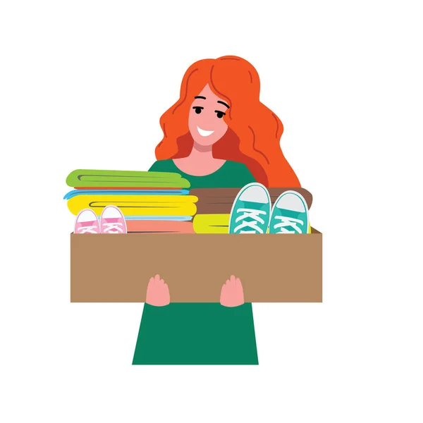 Donated a box of clothes. A beautiful woman is holding a cardboard box with clothes and sneakers. Vector.