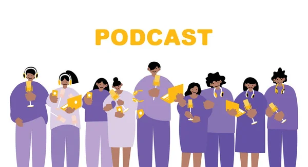 A group of black young people - men and women with headphones, microphones and laptops are recording and listening to podcasts. Flat Vector Illustration