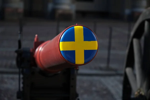 İsveç kanonu Stockholm 'deki Kraliyet Sarayı önünde İsveç ulusal renkleriyle boyanmış. İsveç bayrağı.