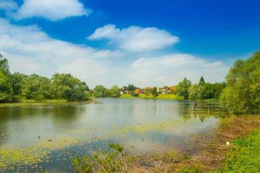 Kırsal Hırvatistan, Doğa Parkı Lonjsko Polje hava güzel kırsal manzara, geleneksel köy Muzilovcica panoramik görünümü