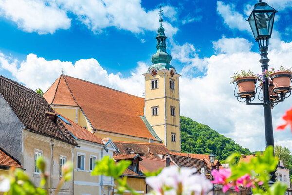 Samobor, Croatia, catholic church and river in the center of city, beautiful spring day