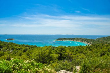 Hırvatistan, Adriyatik kıyısında güzel kıyı, Murter adasında Kosirina plaj lagün panoramik görünümü, mavi denizde yelkenli tekne ve yatlar demirli