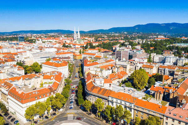 Zagreb, capital of Croatia, city center and cathedral aerial view from drone