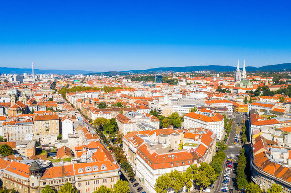 Zagreb, capital of Croatia, old city center down town aerial view from drone