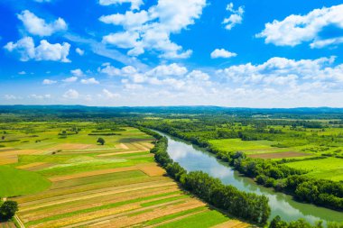 Hırvatistan'da kırsal kırsal arazi, Kupa nehri tarım alanları arasında kıvrımlı, drone'dan vuruldu 