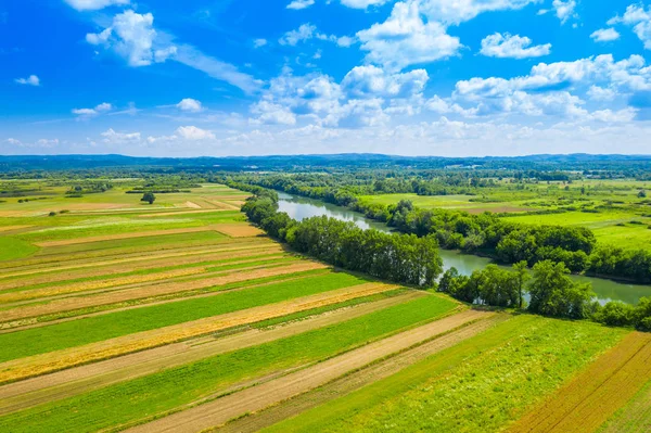 Paisaje Rural Croacia Río Kupa Serpenteando Entre Campos Agrícolas Disparado — Foto de Stock