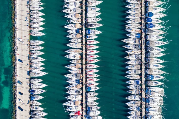 Aerial overhead view of yachts in marina in town of Biograd na Moru, Croatia