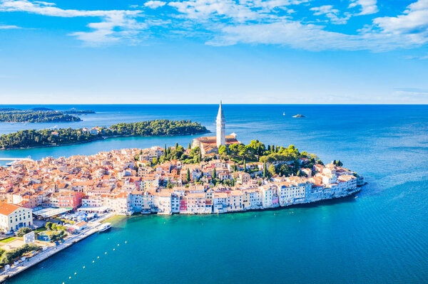 Croatia, Istria, panoramic view of the old town of Rovinj on Adriatic sea coastline