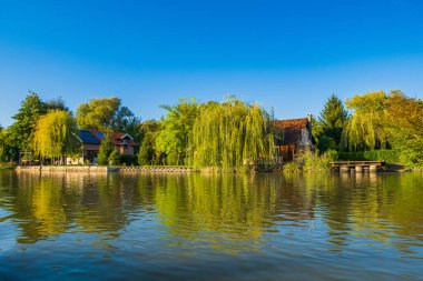 Hırvatistan 'ın kırsal kesimindeki Varazdin gölündeki ağaçlar arasında ağaç kulübeleri ve kulübeler