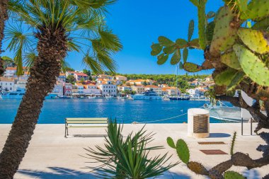 Hırvatistan 'ın Adriyatik kıyısındaki Losinj adasındaki güzel Mali Losinj kasabası, şehir parkı manzarası