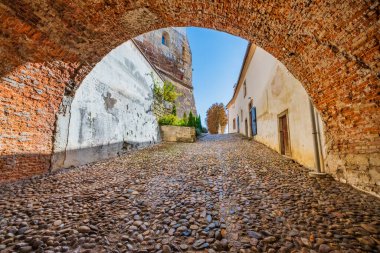 Taş kaldırımlı cadde ve Slovenya 'nın tarihi Ptuj kasabasının kapısı