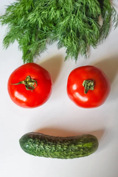 Isolated Vegetables on White Background: Tomatoes, Cucumber and Greens / funny vegan picture