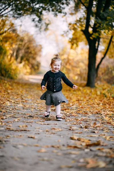 Malé Dítě Holčička Hraje Běží Podzimním Parku — Stock fotografie
