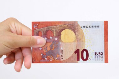 El tutan bir Euro banka notu izole hiçbir arka plan