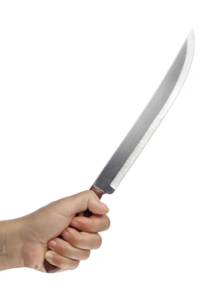 白い背景に隔離された巨大な殺人者ナイフを持つ手 — ストック写真