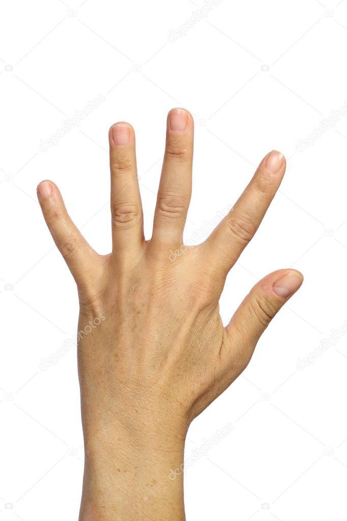 Hand with fingers flat apart isolated on white background