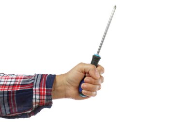 DIY, beyaz arka planda bir tornavida tutan kareli gömlekli bir işçinin el ve kolu, sizin ya da ev yapımı bir kursun tasviri, DIY