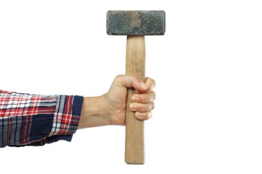 Beyaz arka planda kareli gömlekli bir işçinin el ve kolu, sizin ya da ev yapımı, DIY kursu konseptinin tasviri.
