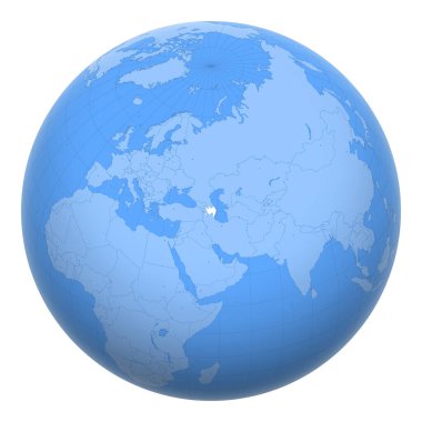 Dünya üzerindeki Azerbaycan. Dünya, Azerbaycan Cumhuriyeti 'nin merkezindedir. Azerbaycan haritası. Başkent katmanı içerir.