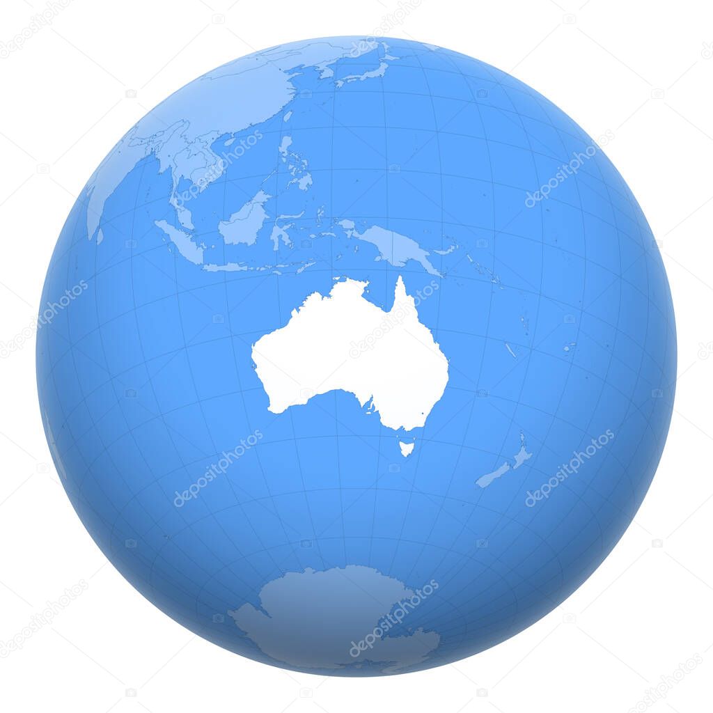 Australia on the globe. Earth centered at the location of the Commonwealth of Australia. Map of Australia. Includes layer with capital cities.