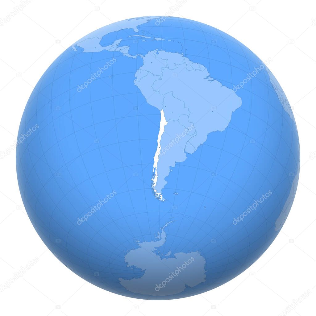 Chile on the globe. Earth centered at the location of the Republic of Chile. Map of Chile. Includes layer with capital cities.