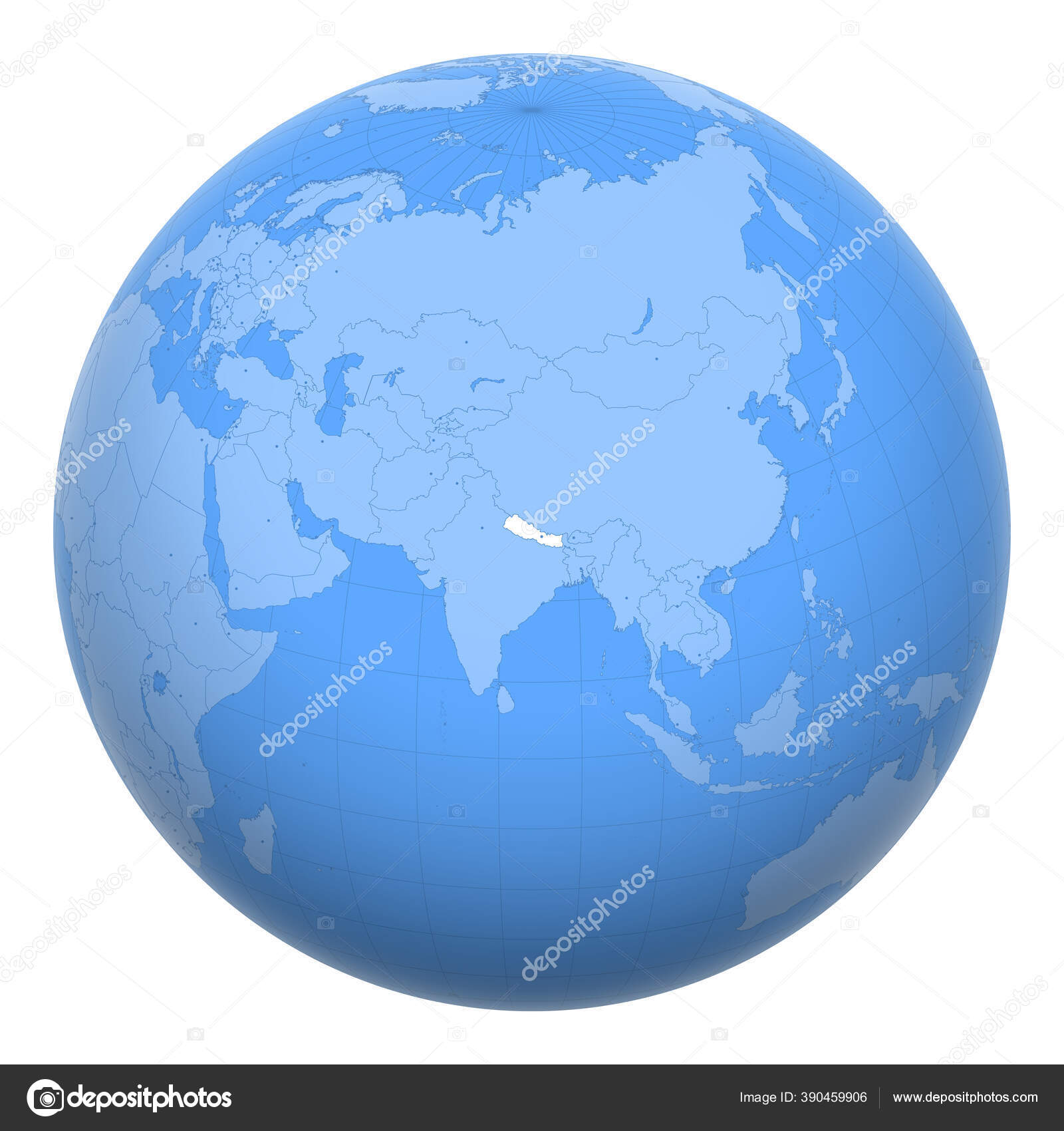 尼泊尔在全球地球的中心是尼泊尔联邦民主共和国的所在地尼泊尔地图包括与首都的层图库矢量图©antonshahrai 390459906