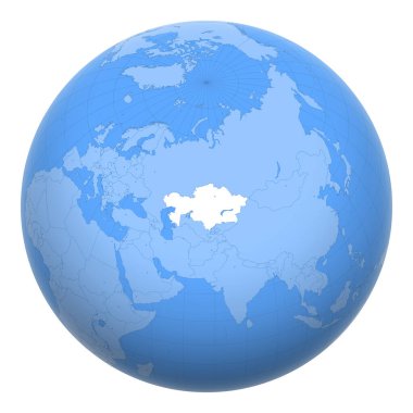 Dünya üzerindeki Kazakistan. Dünya, Kazakistan Cumhuriyeti 'nin merkezindedir. Kazakistan haritası. Başkent katmanı içerir.
