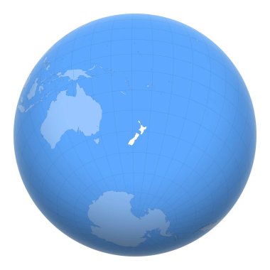 Dünya üzerinde Yeni Zelanda. Dünya, Yeni Zelanda 'nın merkezindedir. Yeni Zelanda haritası. Başkent katmanı içerir.