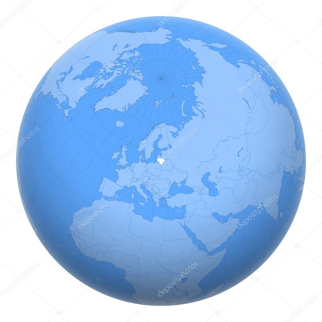 Lithuania on the globe. Earth centered at the location of the Republic of Lithuania. Map of Lithuania. Includes layer with capital cities.