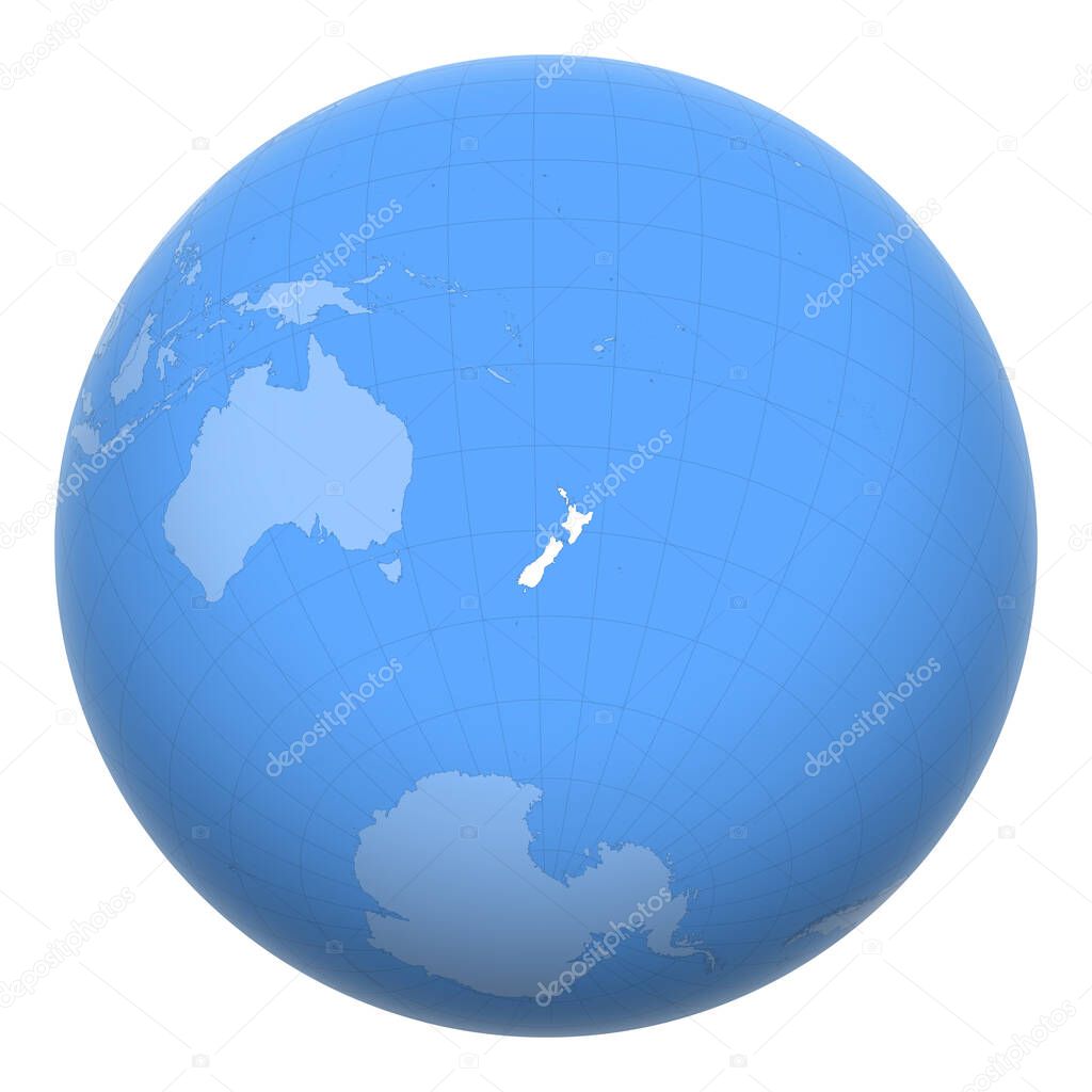 New Zealand on the globe. Earth centered at the location of New Zealand. Map of New Zealand. Includes layer with capital cities.