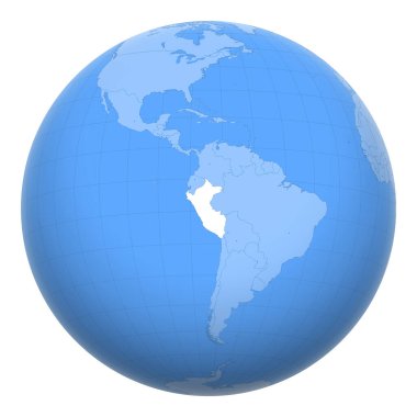 Dünya üzerindeki Peru. Dünya, Peru Cumhuriyeti 'nin merkezindedir. Peru haritası. Başkent katmanı içerir.