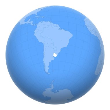 Dünya üzerindeki Uruguay. Dünya, Uruguay 'ın doğu cumhuriyetinin merkezindedir. Uruguay haritası. Başkent katmanı içerir.