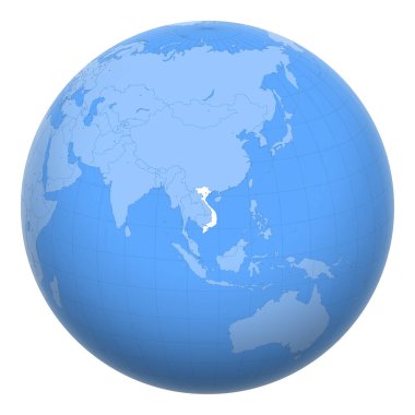 Dünya üzerindeki Vietnam. Dünya, Vietnam Sosyalist Cumhuriyeti 'nin merkezindedir. Vietnam haritası. Başkent katmanı içerir.