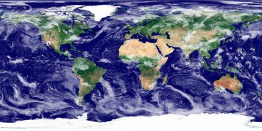 Dünya dokusu. Dünya 'nın uydu görüntüsü. Gezegenin yüksek çözünürlüklü dokusu, kabartma gölgeleme (arazi topografisi) ve atmosferi (bulutlar) ile. Gerçekçi ve detaylı dünya dokusu (fiziksel harita).