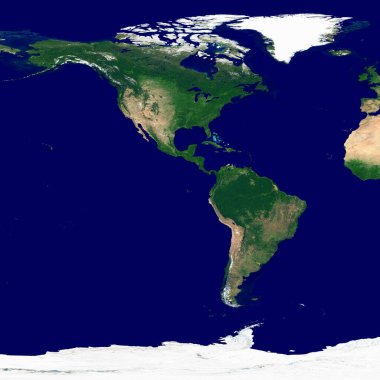 Batı yarımküre dokusu. Dünya 'nın uydu görüntüsü. Gezegenin yüksek çözünürlüklü dokusu ve kabartma gölgesi (arazi topografisi) ve atmosferi yok.