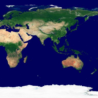 Doğu yarımküre dokusu. Dünya 'nın uydu görüntüsü. Gezegenin yüksek çözünürlüklü dokusu ve kabartma gölgesi (arazi topografisi) ve atmosferi yok.
